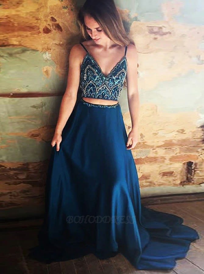 Two Piece Spaghetti Straps Long Navy Blue Prom Dress with Beading