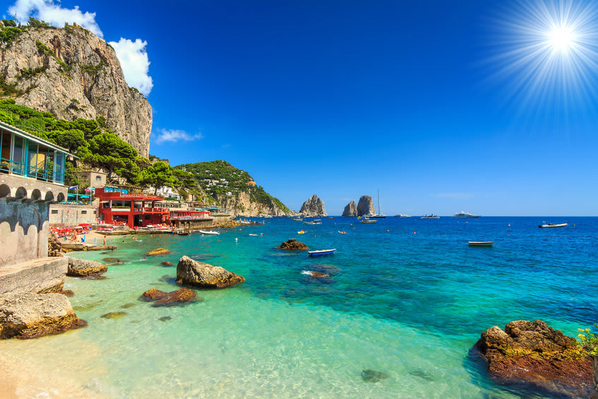 Beach on the island of Capri in the Bay of Naples Italy