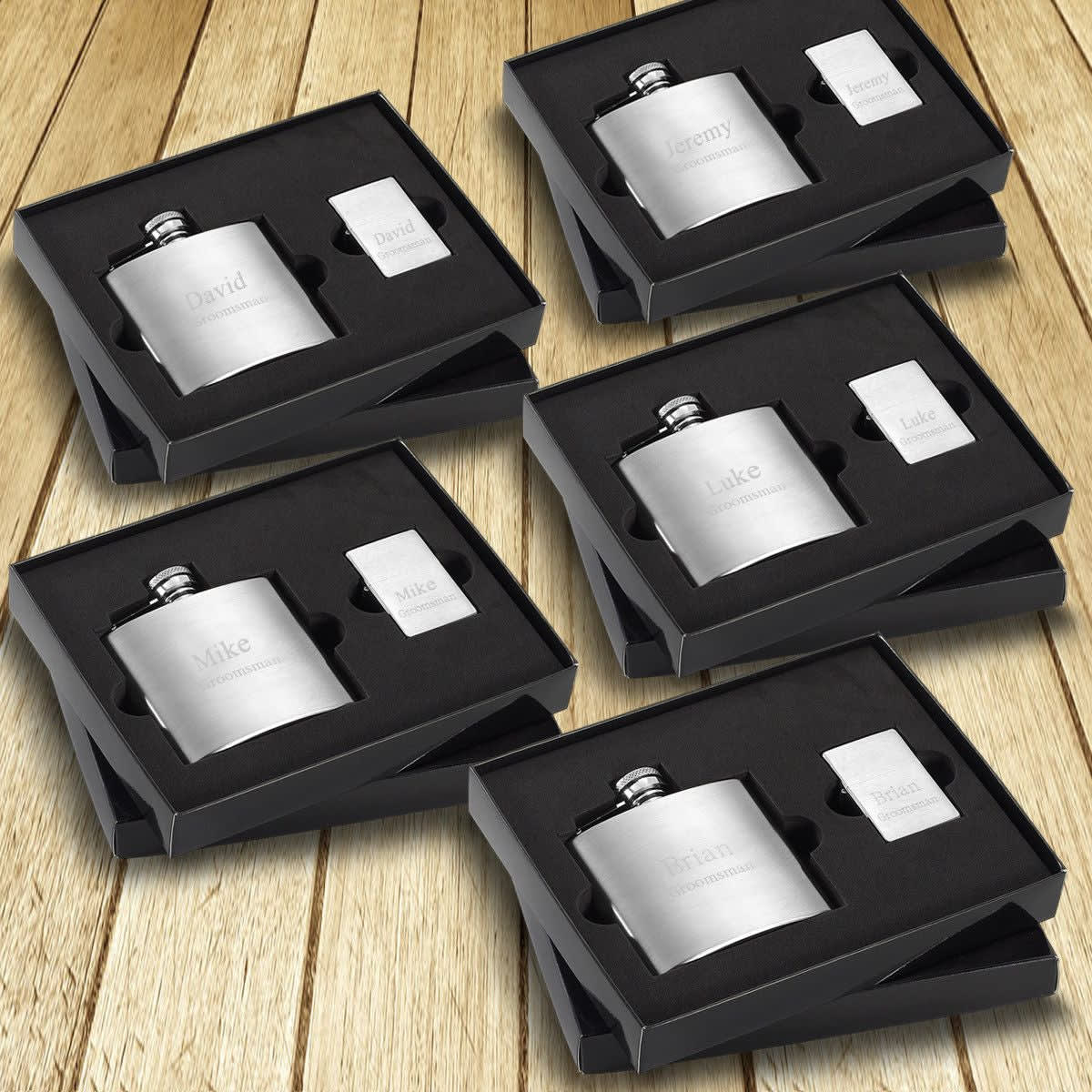 Personalized Silver Flasks & Lighters - Gift Set of 5