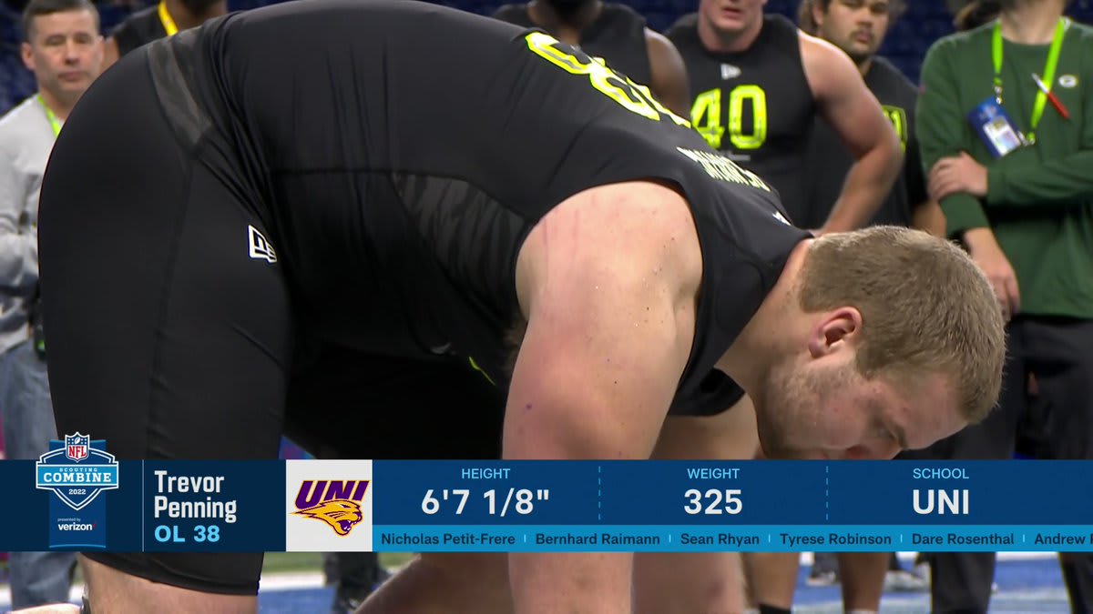 Come for @UNIFootball OL Trevor Penning's 4.91u... Stay for him squatting 625 and doing a windmill dunk. @TPenning58 : NFLCombine on