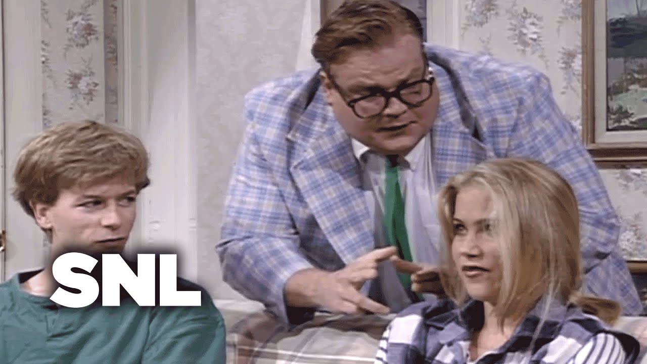 Saturday Night Live. May 8th, 1993. After marijuana is found in the house, the parents (Phil Hartman. Julie Sweeney) hire motivational speaker Matt Foley to talk to their teens (David Spade, Christina Applegate) about drugs and their futures