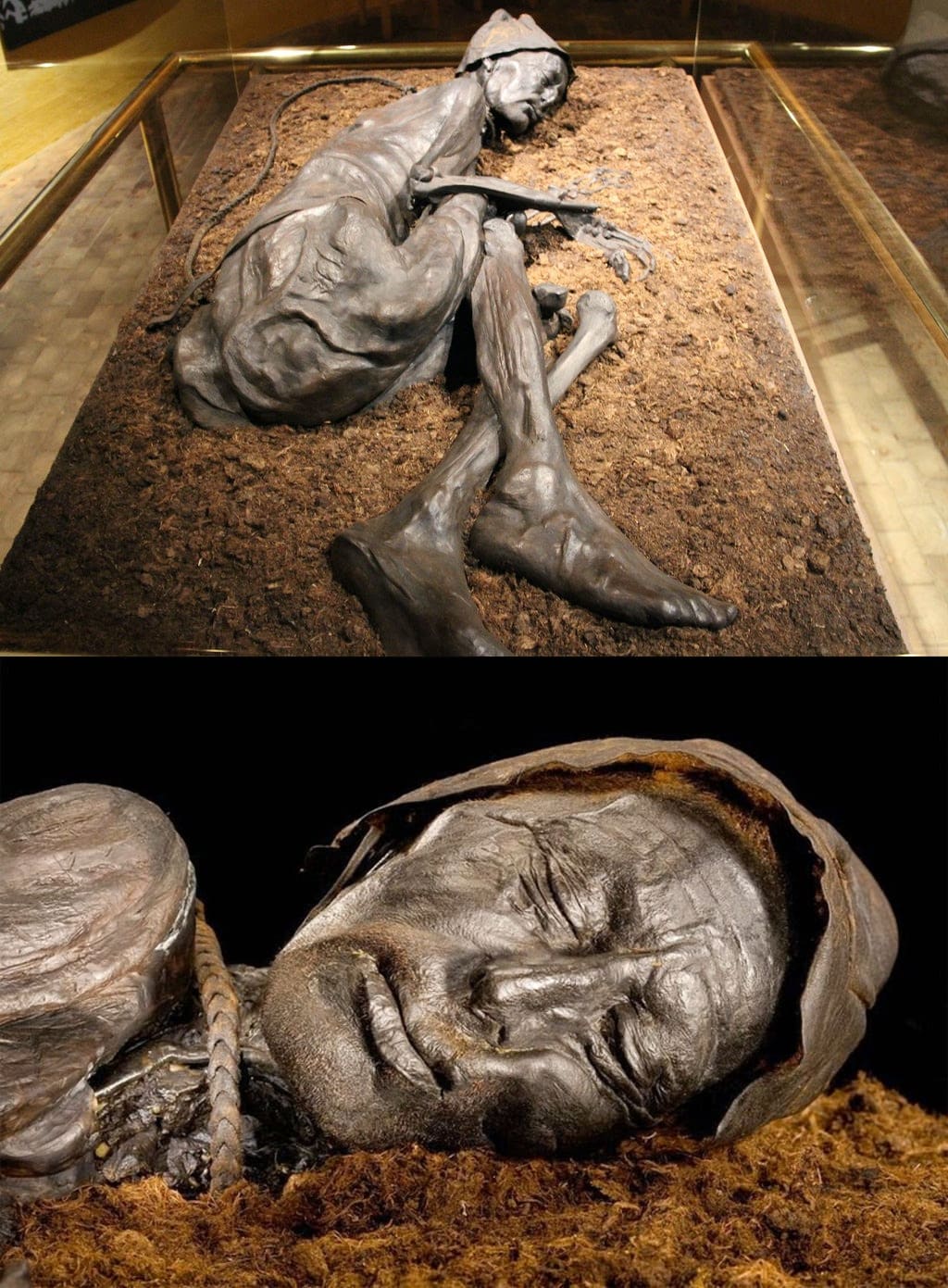 The "Tollund man" is a 2400-year-old bog body and victim of human sacrifice from the Iron Age, found in Bjældskovdal in Denmark. His body was so well-preserved that even after 2400 years scientists were still able to take his fingerprints and determine what he had eaten last