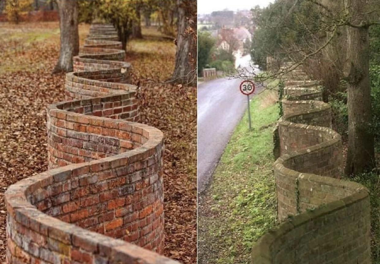 In England they sometimes have these wavy fences. The reason why they were made like this is because they actually use FEWER bricks than a straight wall. Why? A straight wall requires at least 2 layers of bricks to be sturdy, but these walls do just fine with just 1!