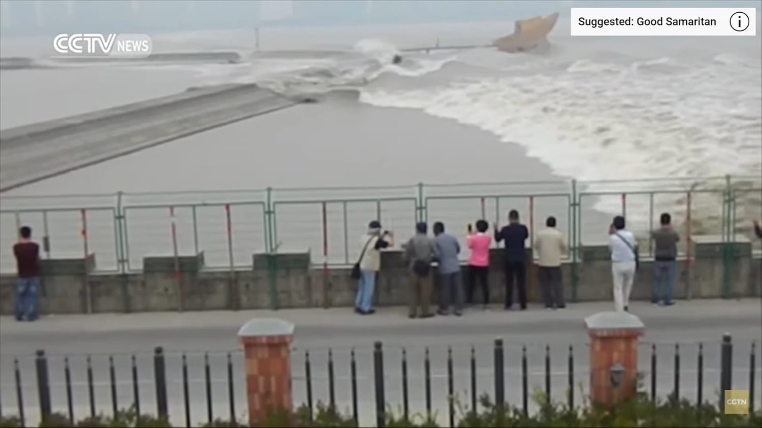 These are waves crashing over the sea wall in the Qiantang River. It is a natural phenomena that happens when the tide is high. It is called a tidal bore.