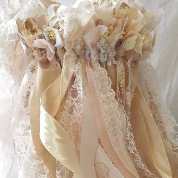 Wedding ribbon wands, shabby rustic fabric lace wedding favors, boho country ceremony exit, aisle decor bride groom send off