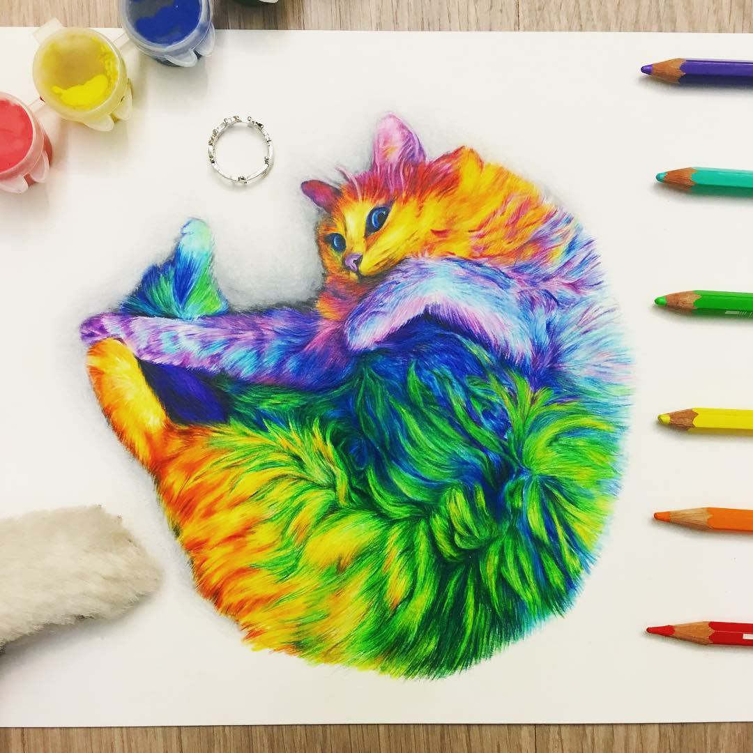 A magnificent painting of a cat with so many striking colours