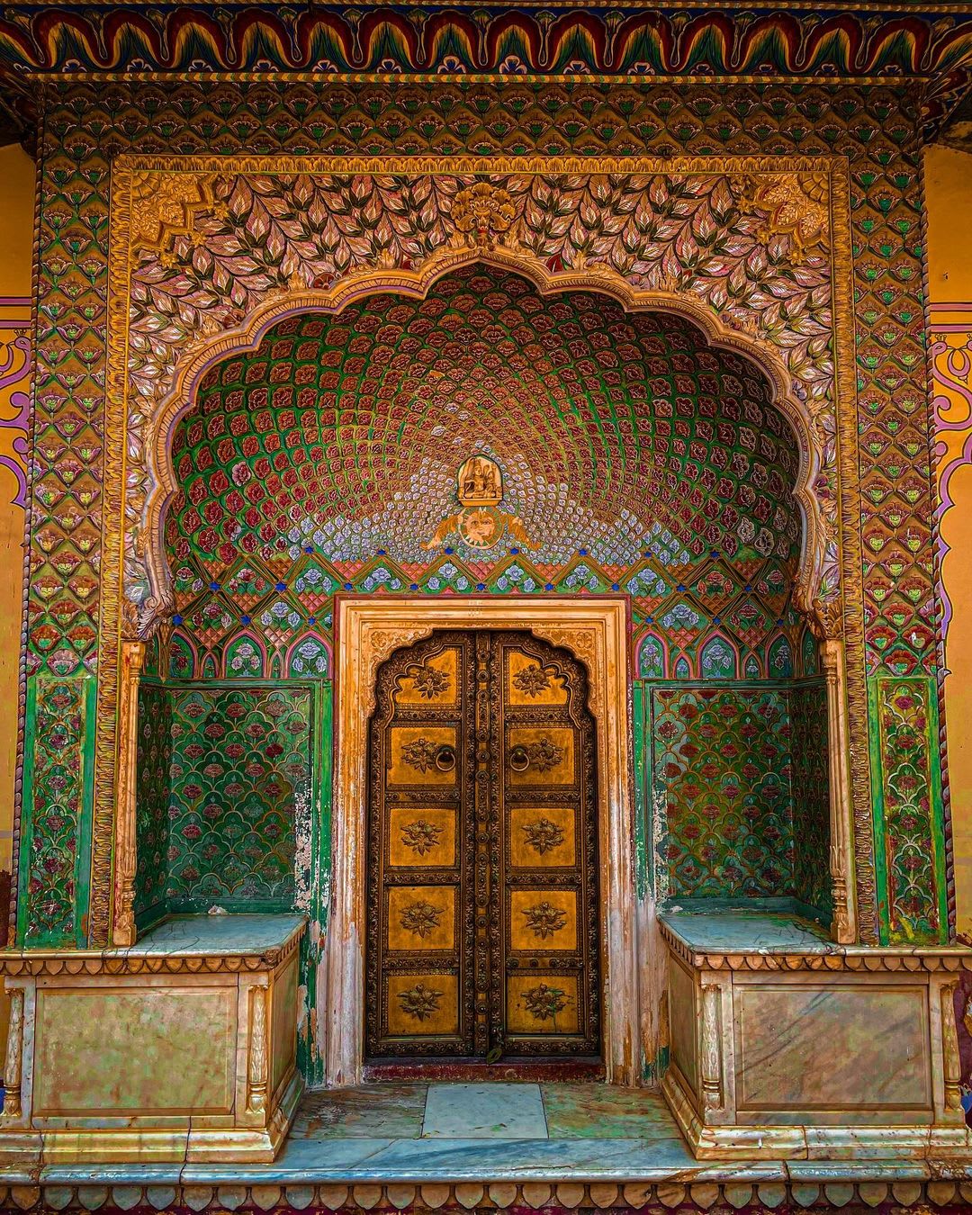 Rose Gate at City Palace in Jaipur, India shows winter season and is dedicated to goddess Devi