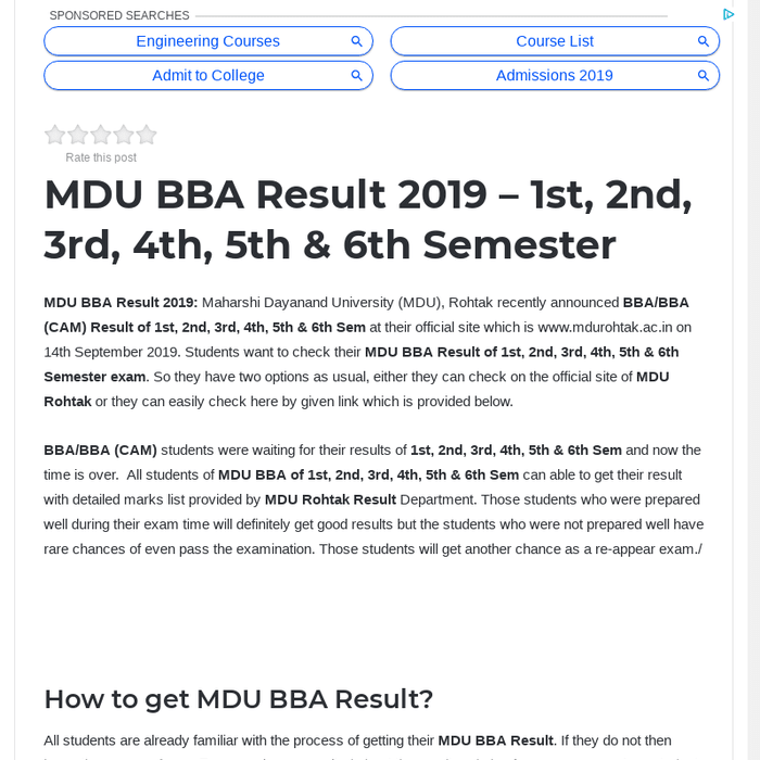 MDU BBA Result 2019 - 1st, 2nd, 3rd, 4th, 5th & 6th Semester