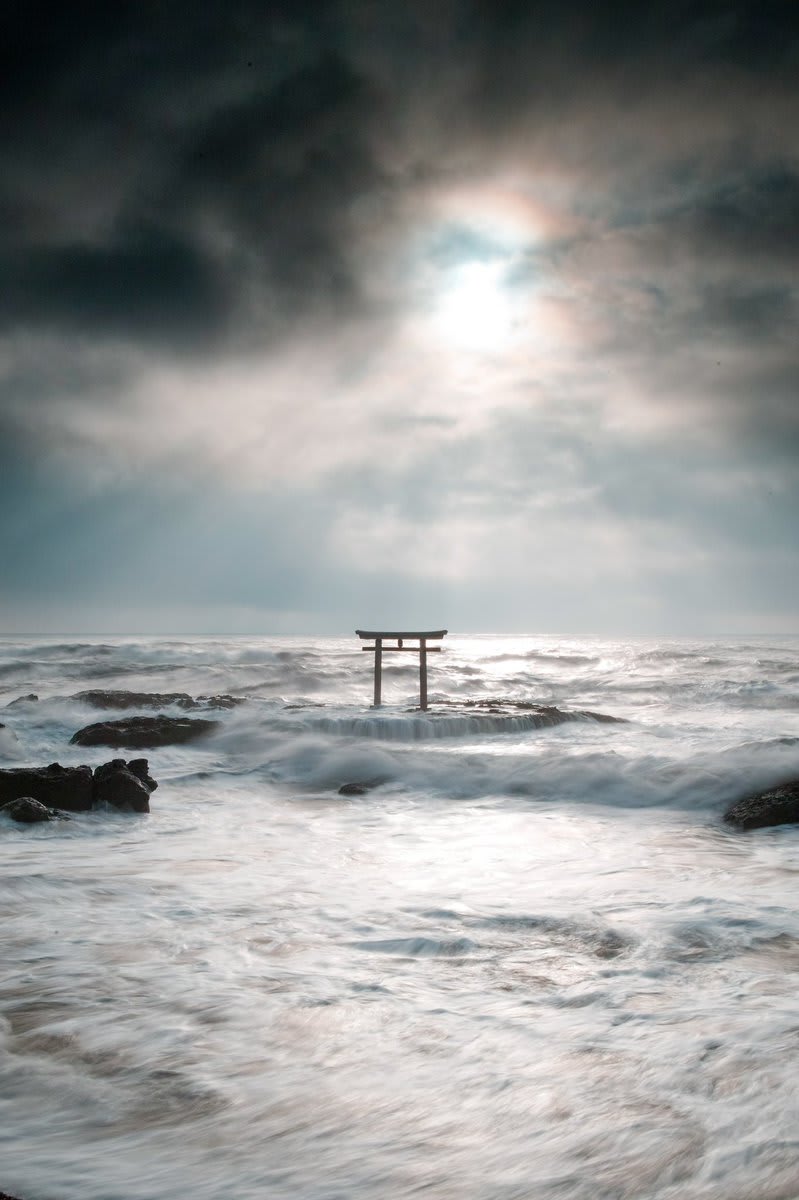 A sea Torii (sacred gate) in Oarai, Japan. No demon shall pass this point.