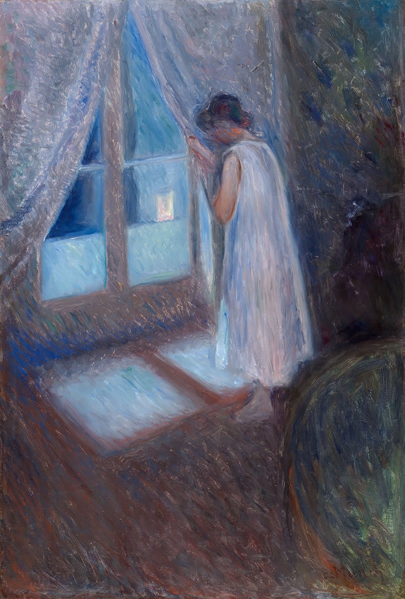 Edvard Munch painted "The Girl by the Window" the same year as his most famous work, "The Scream." The loosely applied, somber brown tones mingle with violets and blues in this unsettling and enigmatic scene, evoking a feeling of melancholy and anticipation.