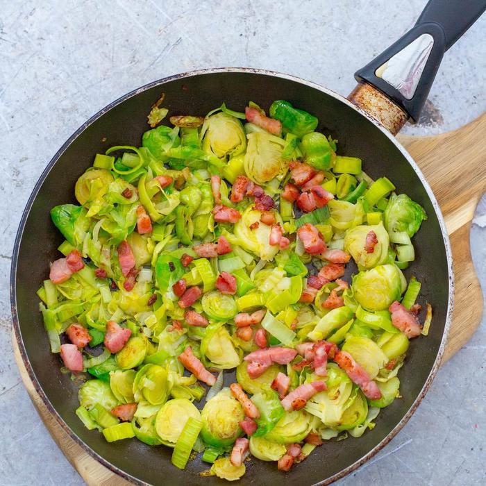 Pan Fried Sprouts with Leek and Bacon
