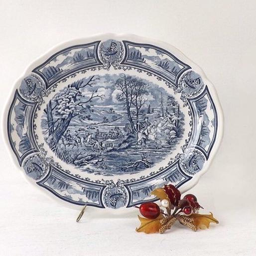 J & G Meakin platter, vintage blue and white ironstone oval serving piece, American Heritage, Royal Staffordshire England