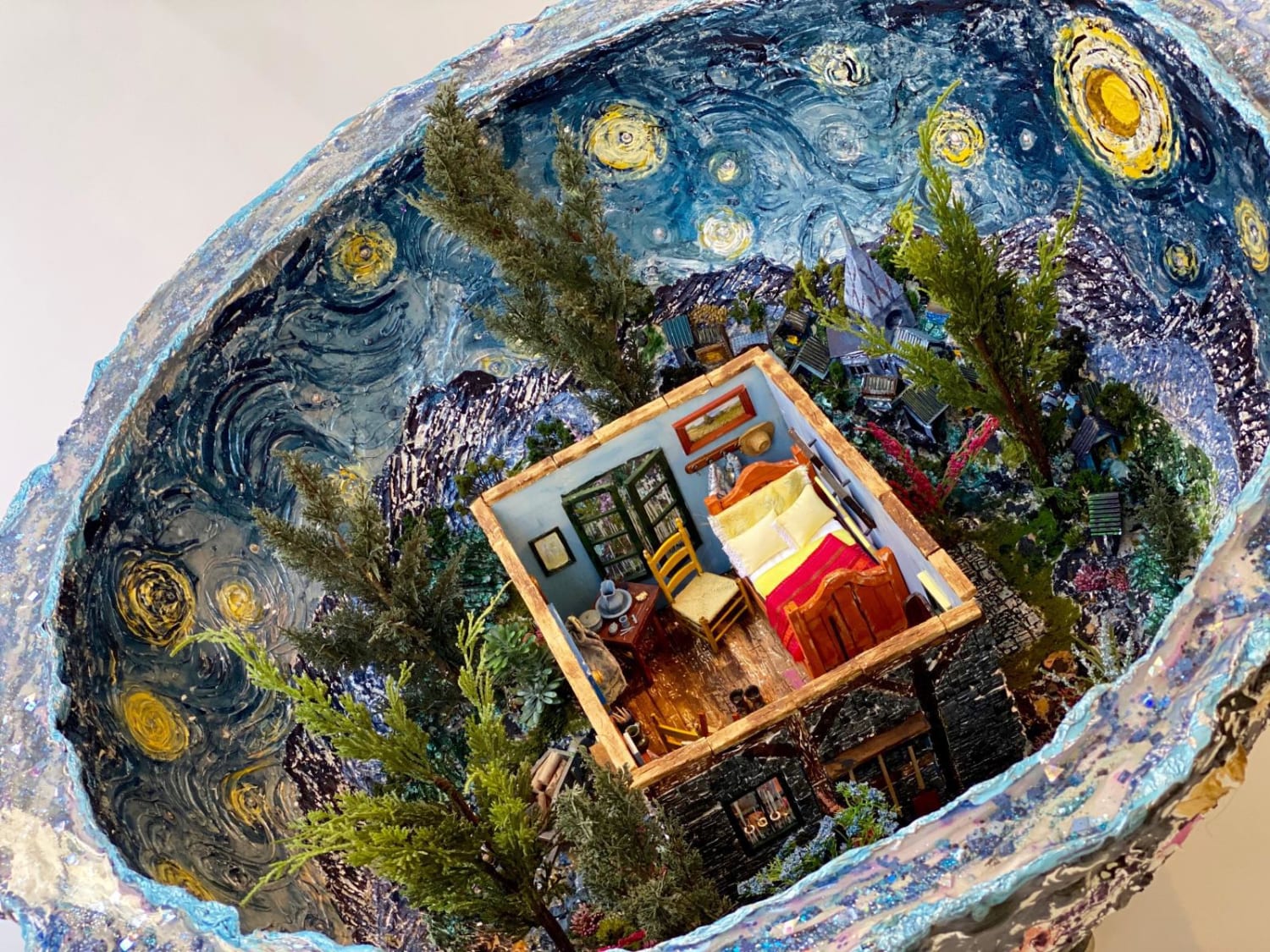 "The Starry Night Geode" by artist Bryan Hamilton Chadwick: a re-creation of Van Gogh's Bedroom in Arles set within one of his other best-known works.