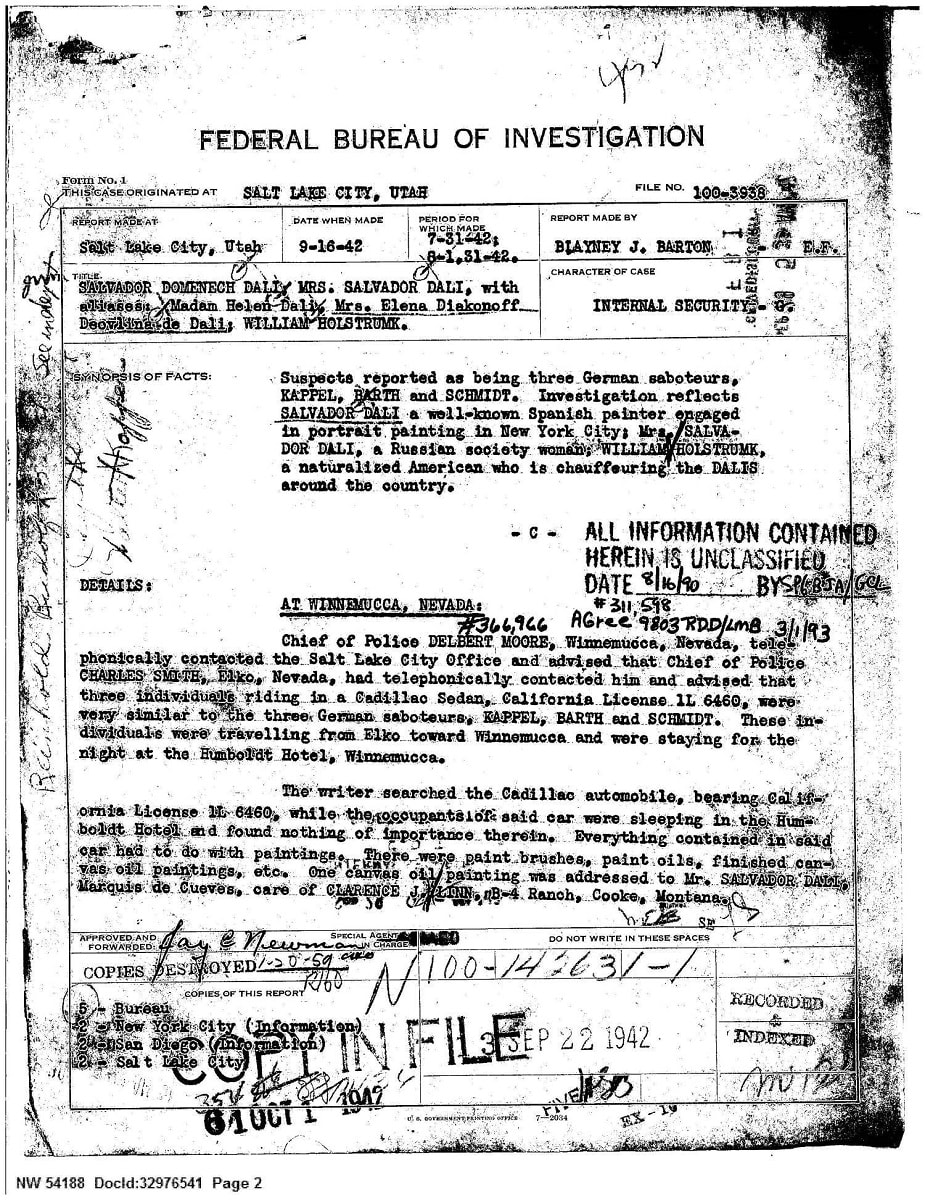 In 1942, artist Salvador Dalí and his companions were mistaken for wanted German saboteurs while driving through Nevada. The @FBI file is now part of the @USNatArchives holdings.
