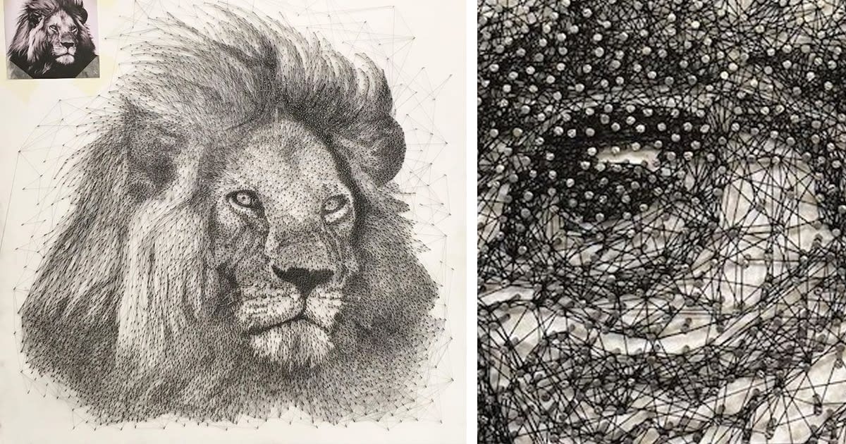 Amazingly Detailed Portraits Made by Twisting a Single Thread Around Thousands of Nails