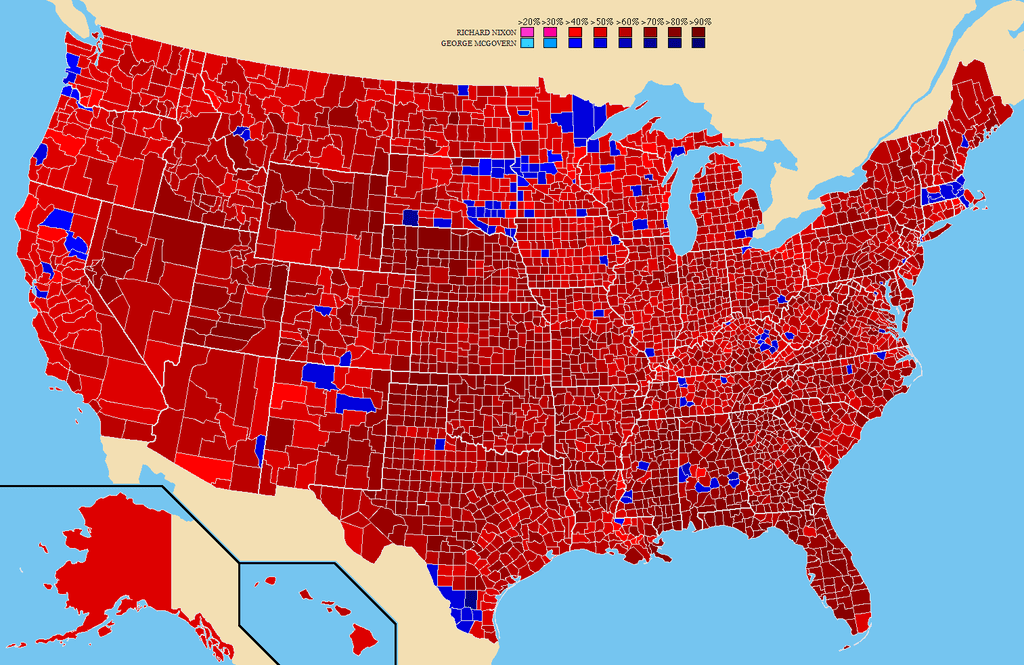 In 1972, Richard Nixon defeated South Dakota Senator George McGovern by 23 percentage points. He won every state except Massachusetts and got 520 electoral votes, a record only beaten 12 years later by Ronald Reagan.
