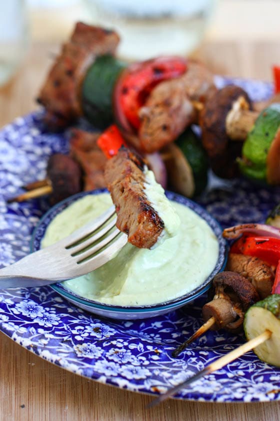 Steak and Veggie Kabobs with Creamy Avocado Dipping Sauce