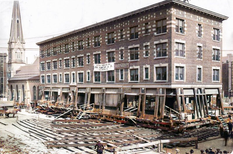 In an incredible feat, the 12-million pound Hotel Truax in Syracuse, New York is lifted off its foundation, placed on rails, and transported down the street, to a more prolific intersection where it is hoped the hotel will receive more business.