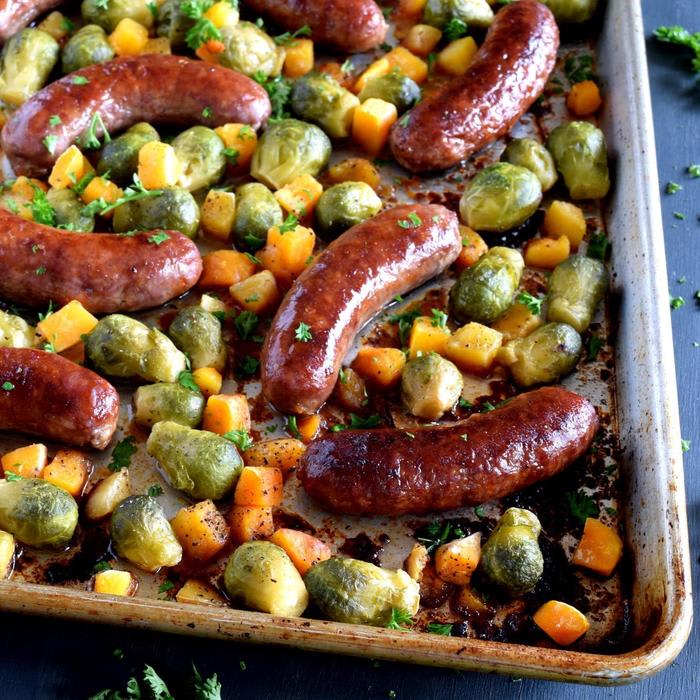 Roasted Sausage with Brussels Sprouts and Butternut Squash - Lord Byron's Kitchen