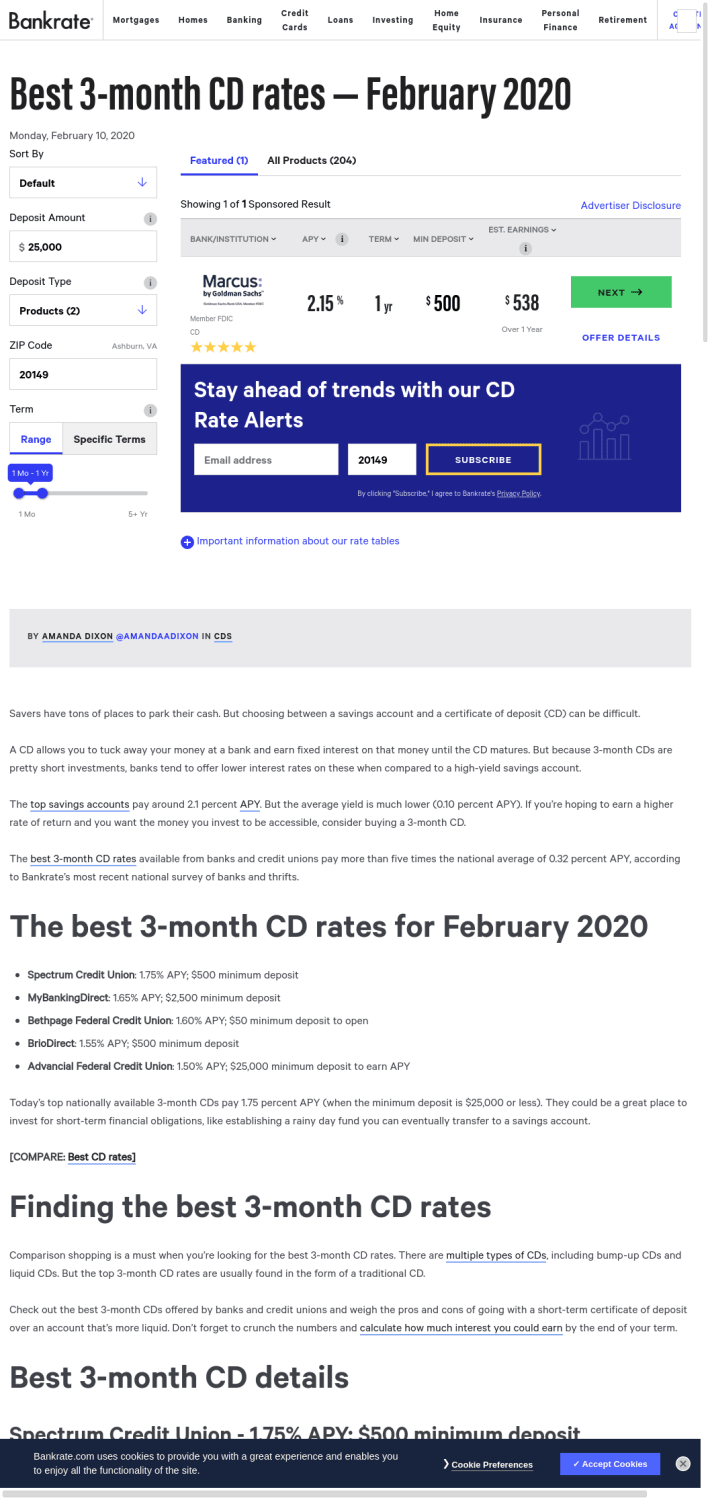 Best 3-Month CD Rates - February 2020