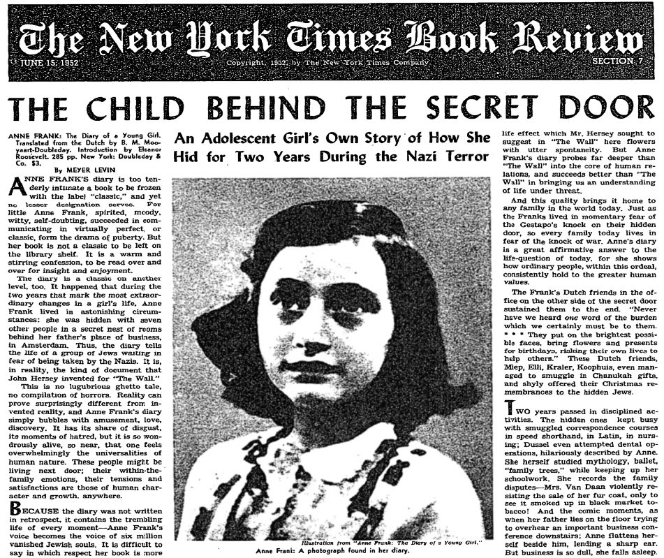 Anne Frank was born on this day in 1929. The Times published a review when her diary was translated, writing that her voice "becomes the voice of six million vanished Jewish souls."