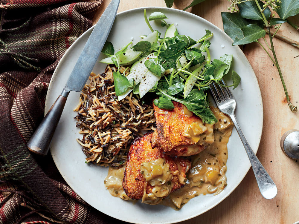 Braised Chicken Thighs with Apples and Wild Rice
