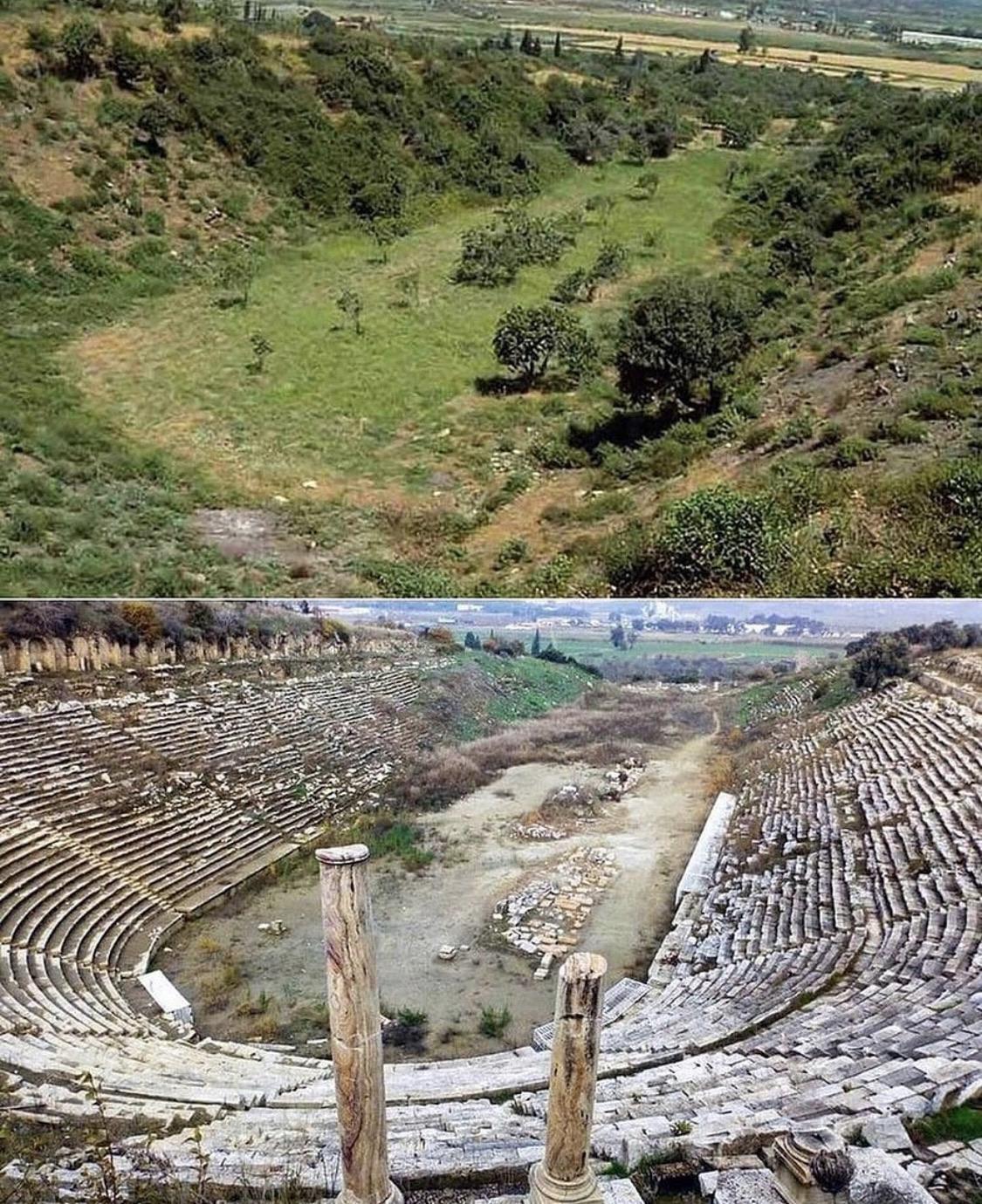 Before and after of the excavation of the Ancient Greek Stadium
