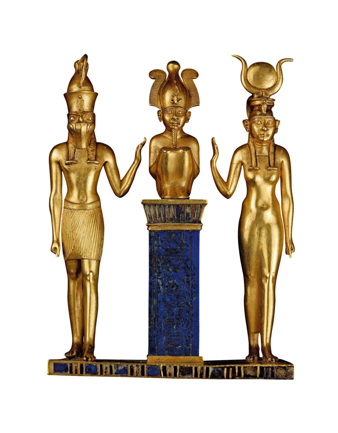 The Egyptian god Osiris seated between his wife Isis and their son Horus. Solid Gold and lapis lazuli pendant bearing the name of King Osorkon II. Third Intermediate Period, 22nd Dynasty, ca. 872-837 BC. Now in the Louvre, Paris.