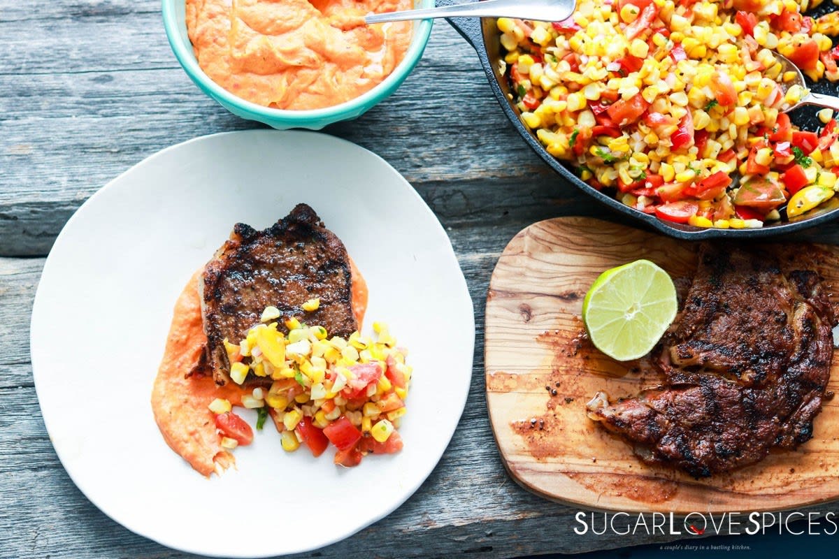 Grilled Ribeye with Roasted Red Pepper and Corn Succotash