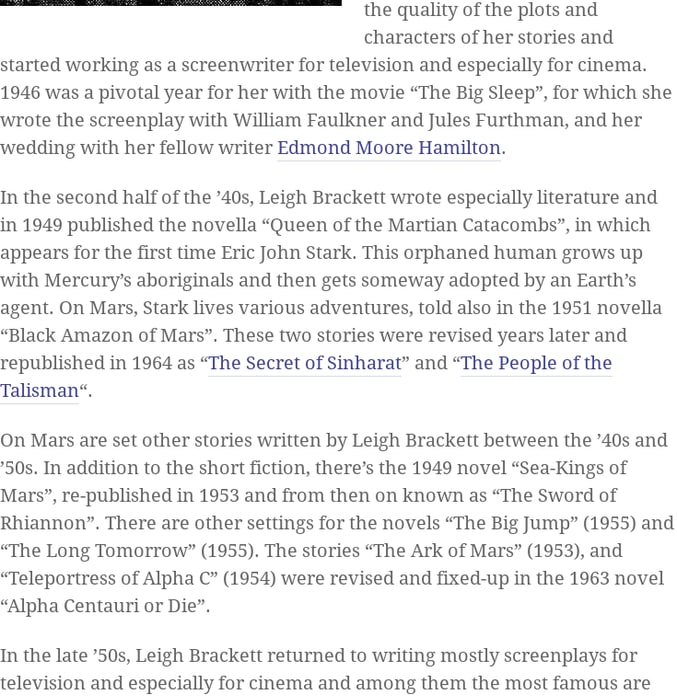 Leigh Brackett was born 100 years ago
