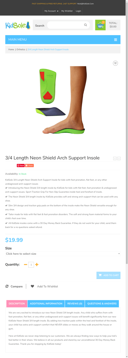 3/4 Length Neon Shield Arch Support Insoles