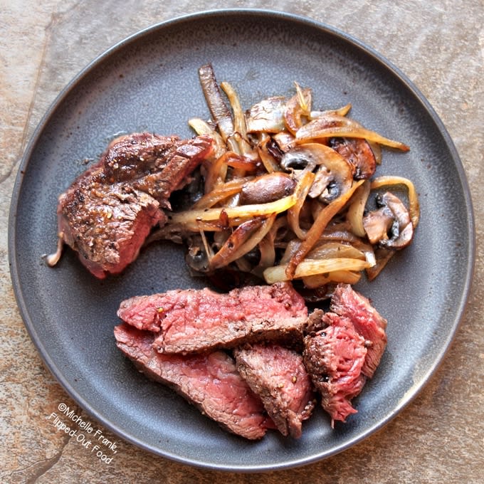 Grilled Ribeye Steaks with Caramelized Mushrooms and Onions