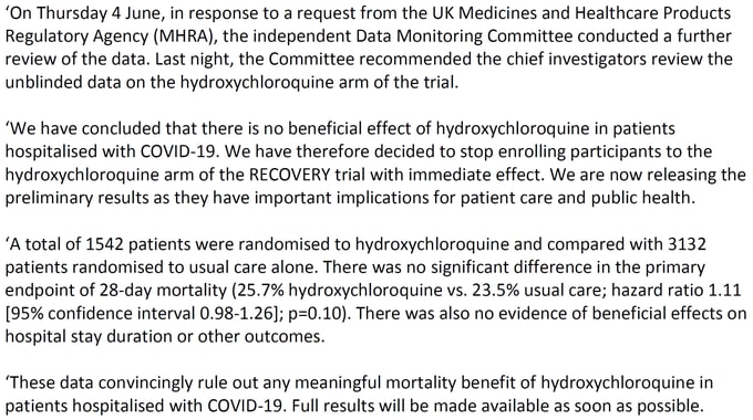 The RECOVERY Trial Reports on Hydroxychloroquine