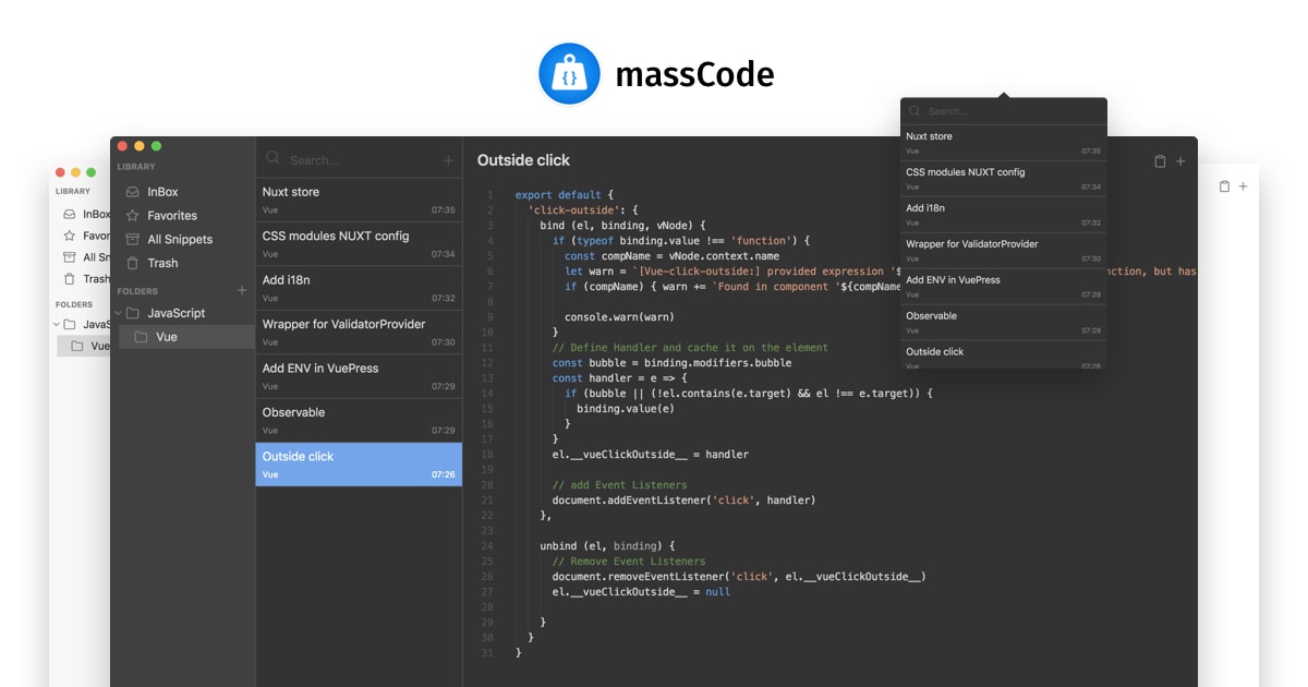 A free and open source code snippets manager for developers.