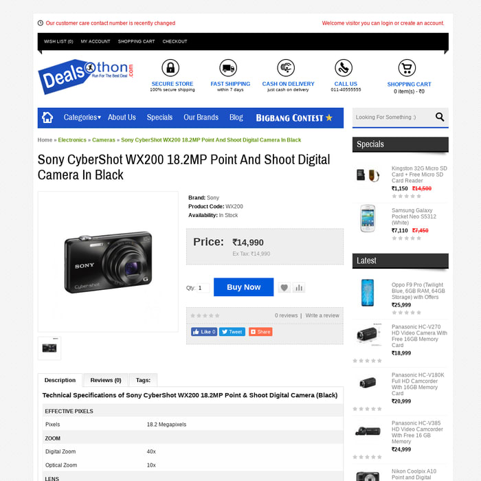 Sony CyberShot WX200 18.2MP Point And Shoot Digital Camera In Black