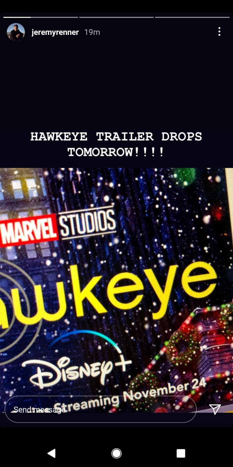 Jermey Rennor on his Instagram story hyping up the first trailer for the Hawkeye series.