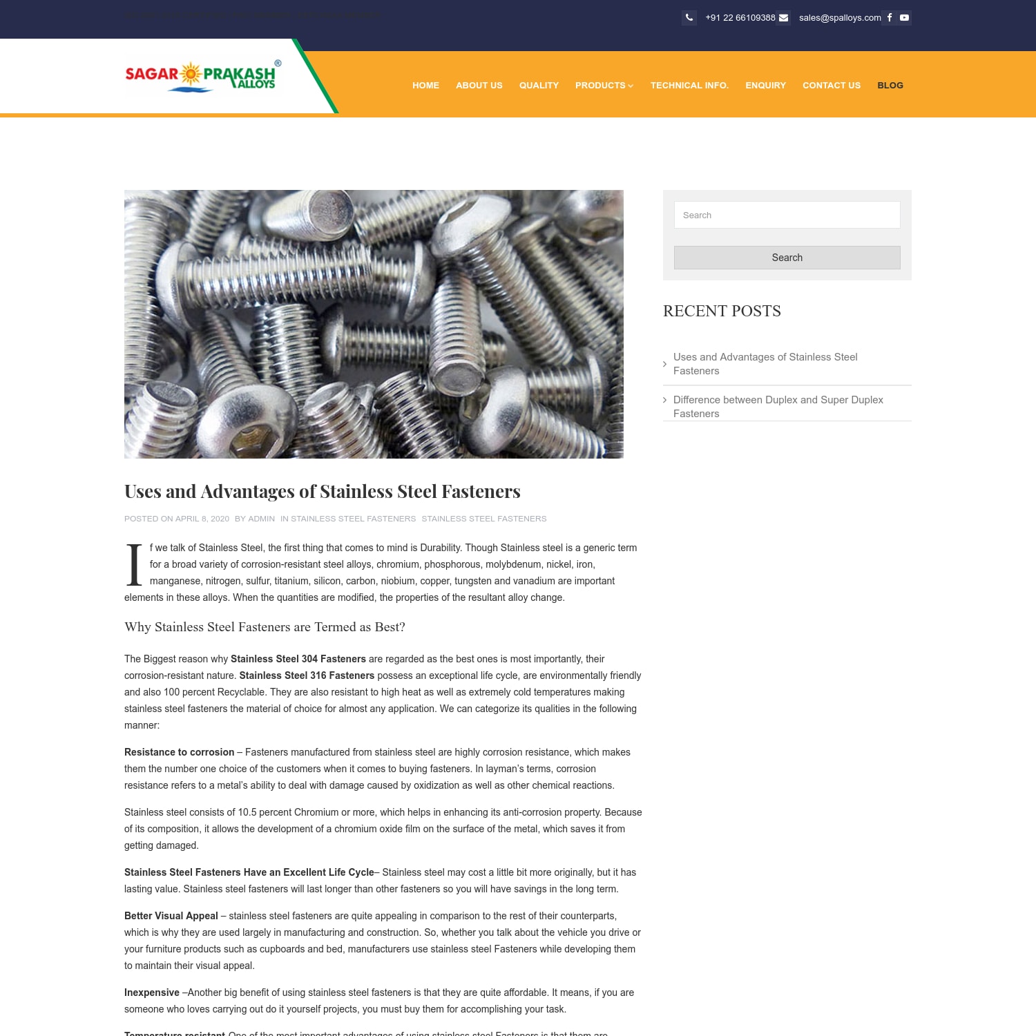 Uses and Advantages of Stainless Steel Fasteners - Sagar Prakash Alloys Blog