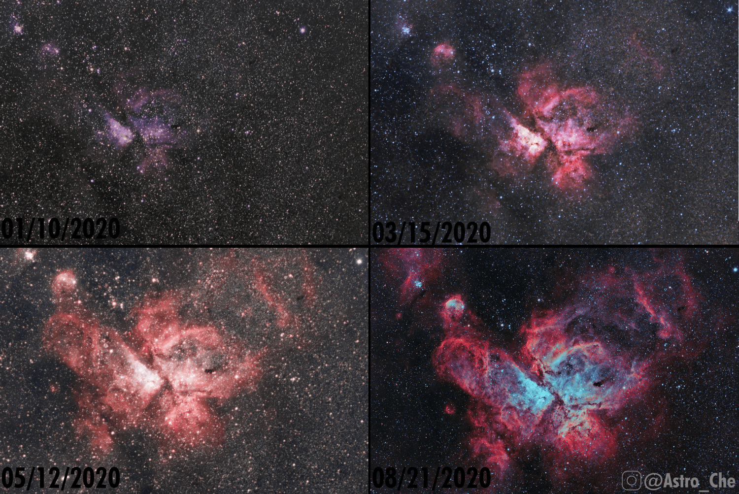I started Astrophotography 8 months ago, with an image of the Carina Nebula. It's the largest and brightness in the night sky. This is my progress photographing it throughout 2020