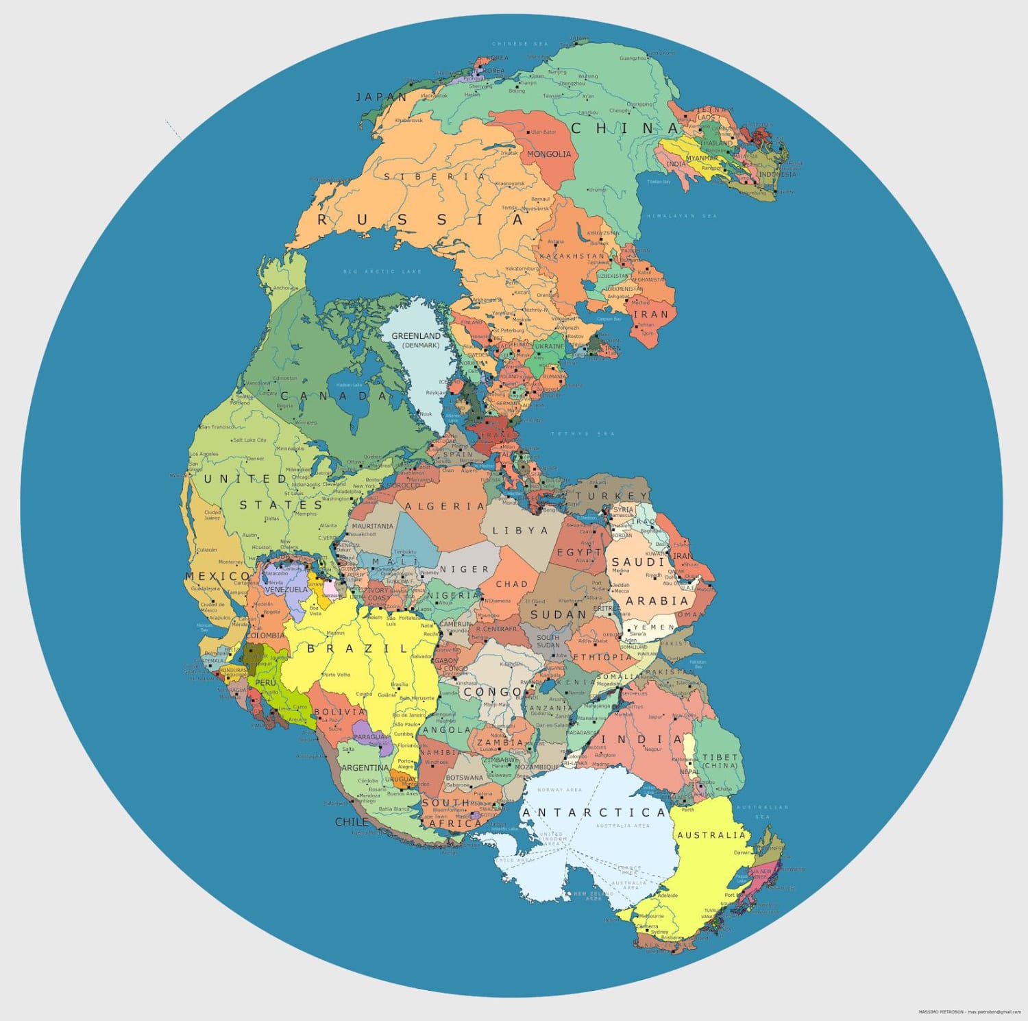 Map of Pangea with modern-day borders