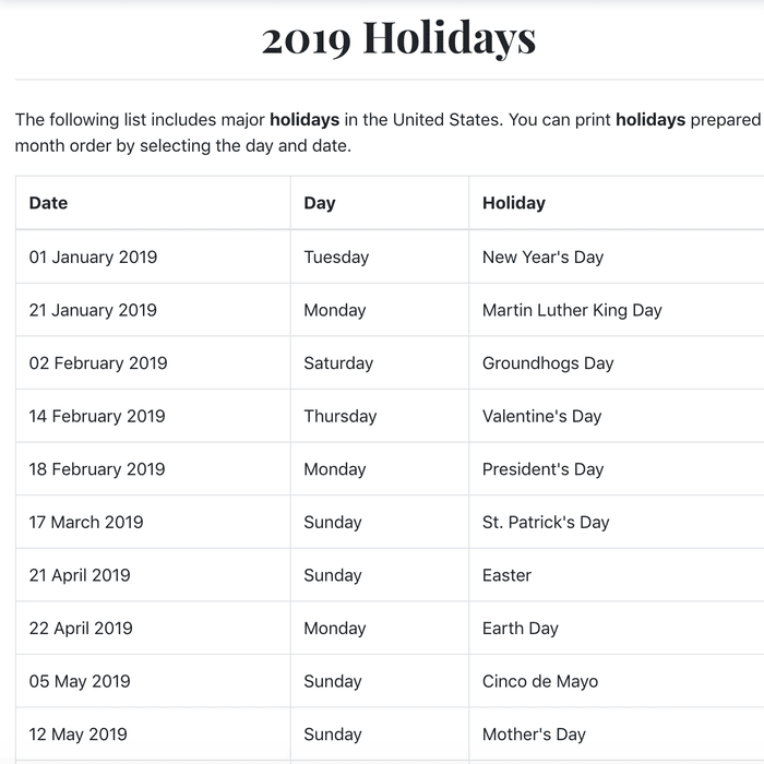 List of 2019 Holidays