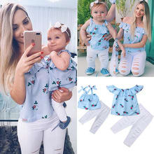 Summer Family Matching Mother Daughter Floral Striped Sleeveless Tops Hole Pants Clothes Mom Girl Kid Family Look Clothing