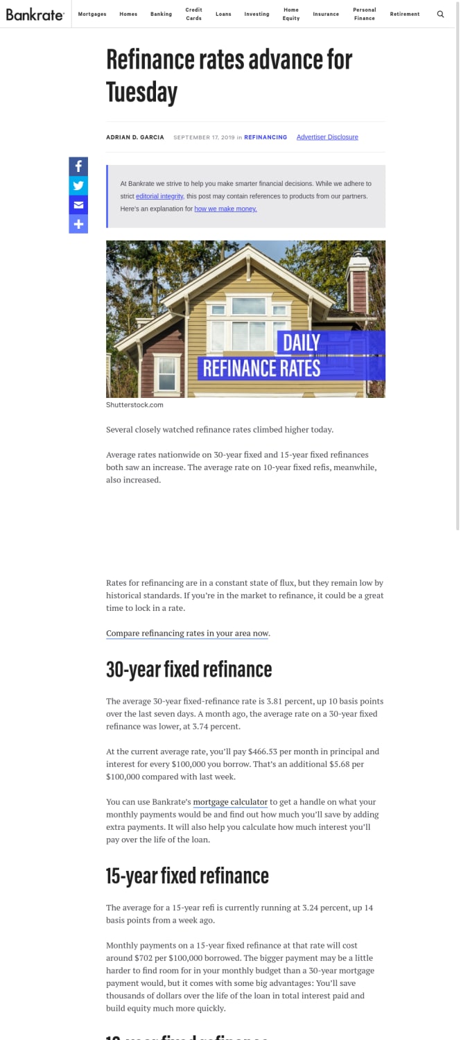Refinance rates advance for Tuesday