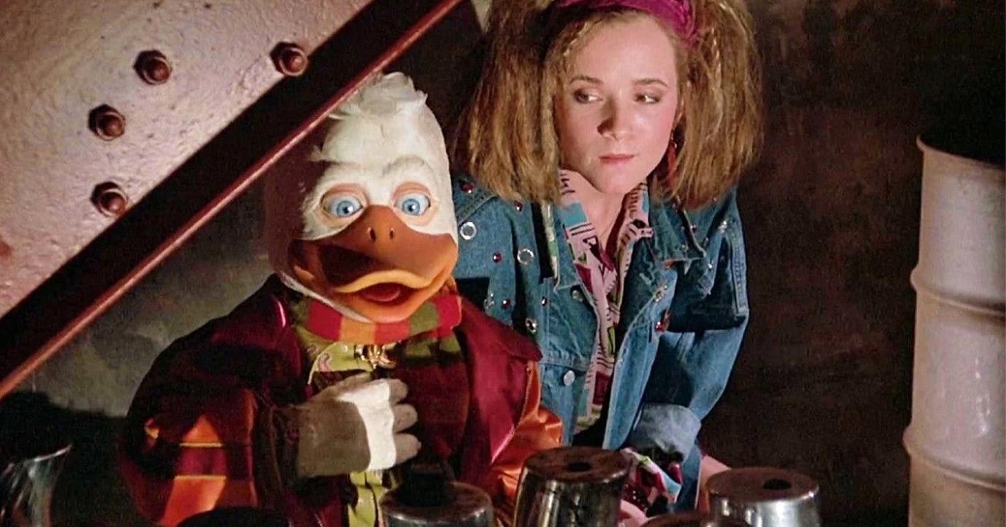 Lea Thompson with the title character in Howard the Duck, 1986. Produced by George Lucas, this first Marvel superhero movie was a critical and box office flop. Thompson retains affection for the film. According to an article in The Hollywood Reporter this year, she is trying to mount a reboot of it.