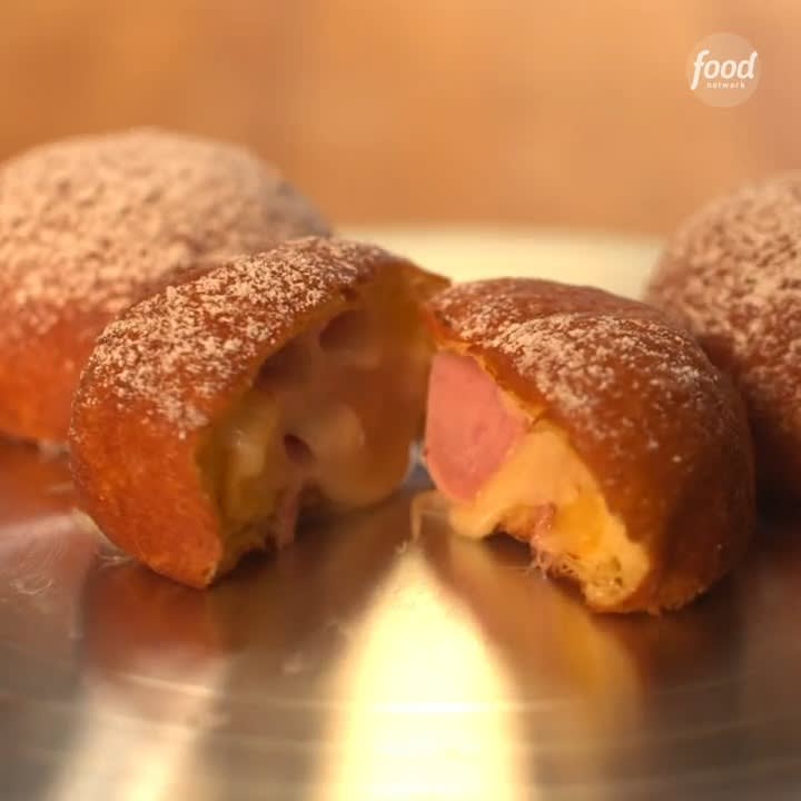 @steph__boswell's genius idea for a breakfast sandwich: the Monte Cristo Doughnut. With each bite of brioche, you get ham and cheese with a dollop of raspberry jam Watch her help struggling bakeries bring in more business on BakeOrBreak TONIGHT at 10|9c!