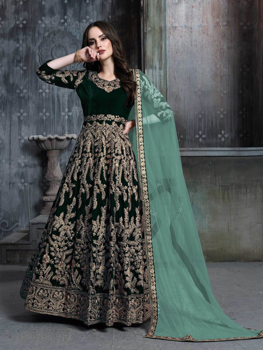9000 Velvet Fabric Designer Dark Green Heavy Embroidered Anarkali Suit