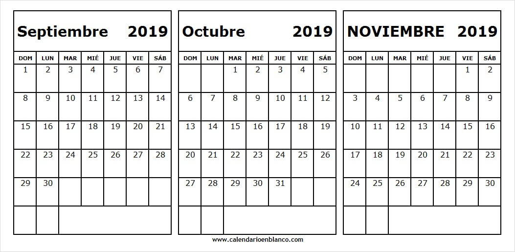 Imprimible Calendario en Blanco Septiembre Octubre Noviembre 2019