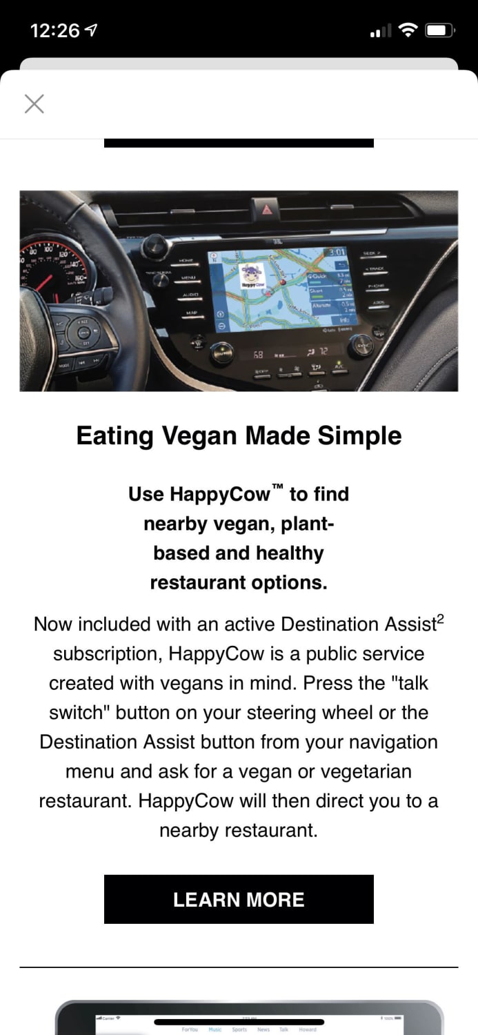 Toyota perks email includes Happy Cow integration to their Destination Assist feature!
