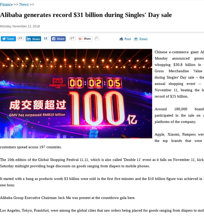 Alibaba generates record $31 billion during Singles' Day sale