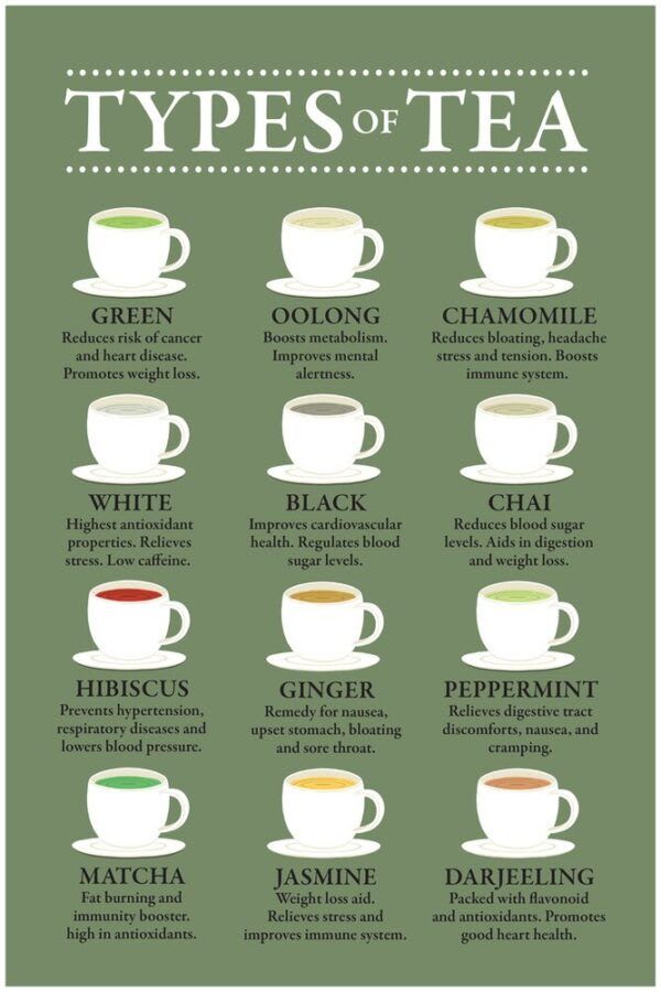 Types Of Tea And Their Benefits Chart Varieties Infographic Green – Poster - Canvas Print - Wooden Hanging Scroll Frame - inspirationforyourlife.co