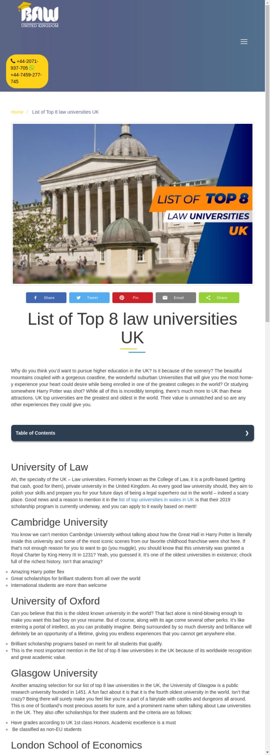 List of Top 8 law universities UK